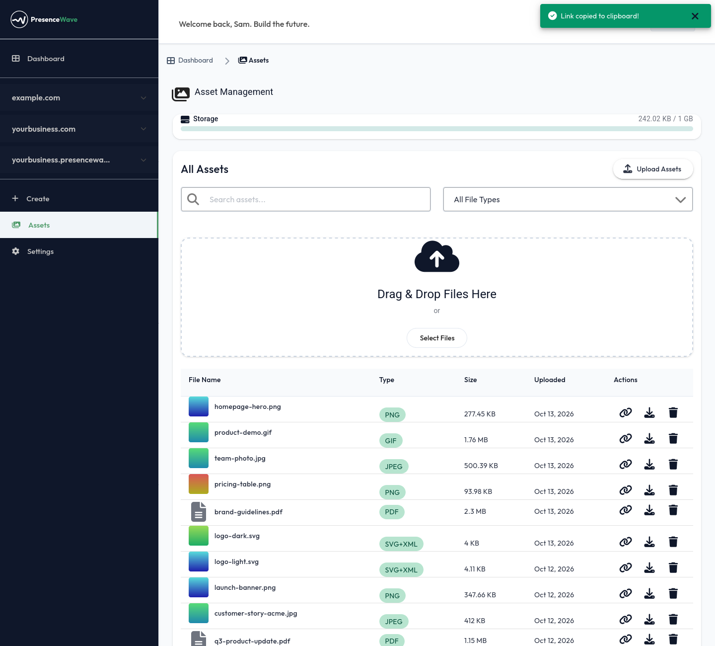 Asset list with the copy link button
